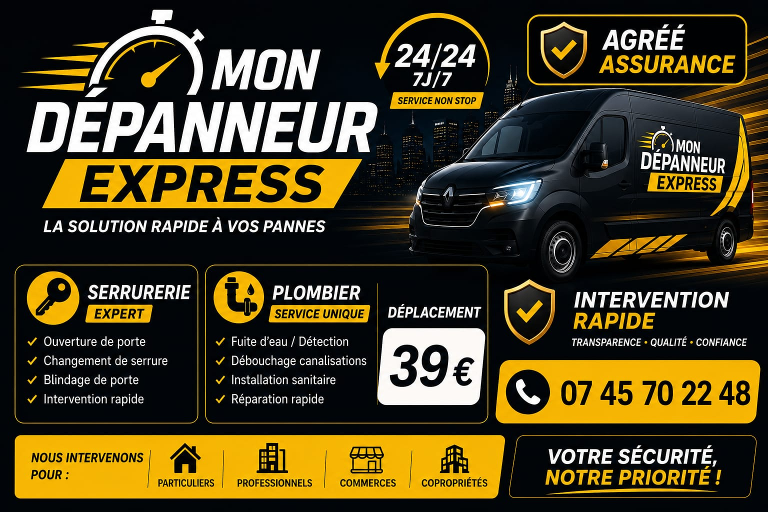 Mon Dépanneur Express — Plombier, Serrurier, Vitrier 24h/24 7j/7. Déplacement à partir de 39€. Appelez le 07 45 70 22 48